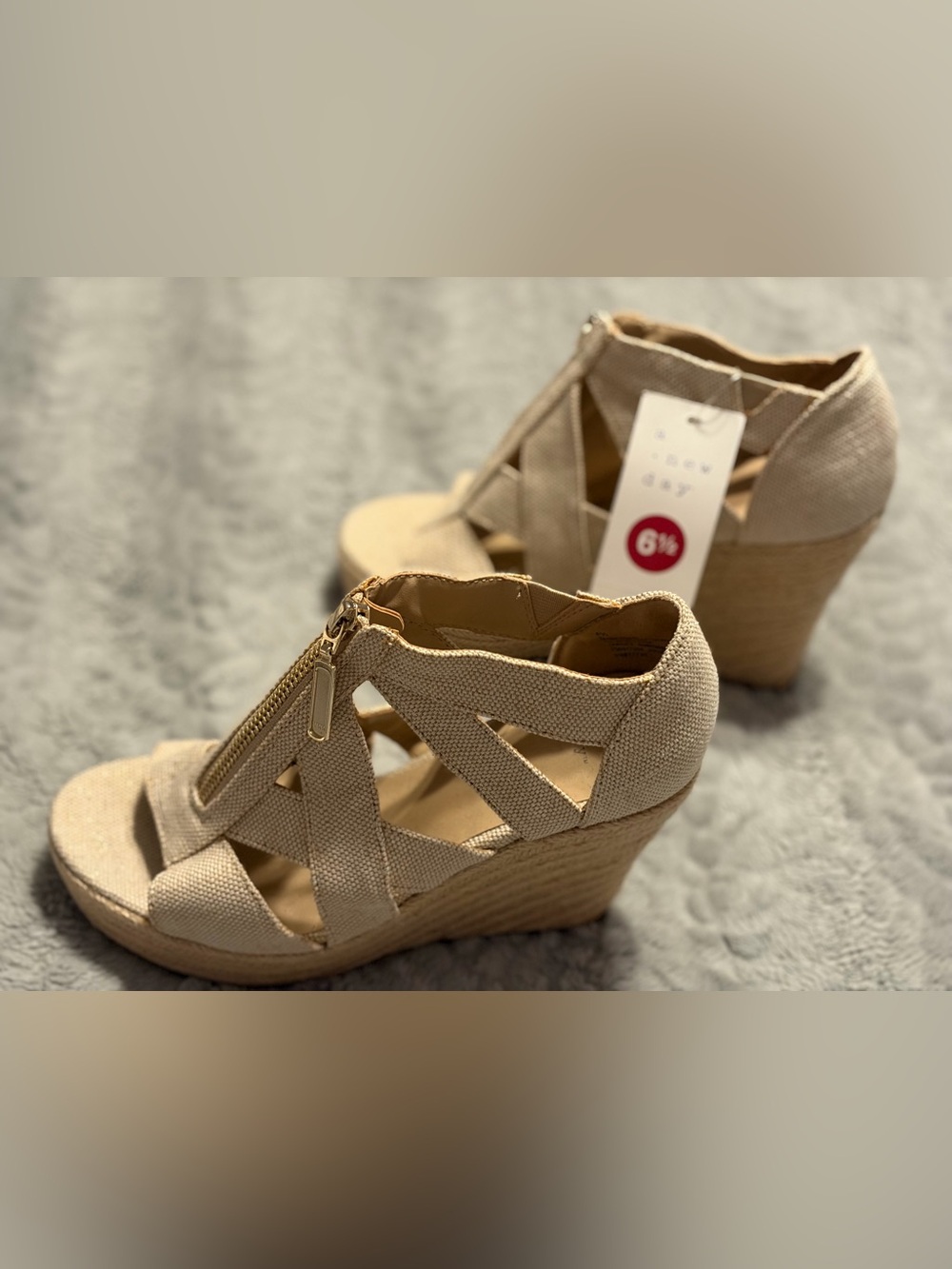 Beige Strappy Wedge Sandals with Gold Front Zip